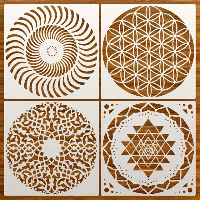4-teiliges Mandala-Schablonen-Set aus Kunststoff, 12 Zoll, weiß, wiederverwendbare runde Zeichnungsvorlagen für Wandkunst, Stoff, Leinwand und Möbelmalerei - Bild 1