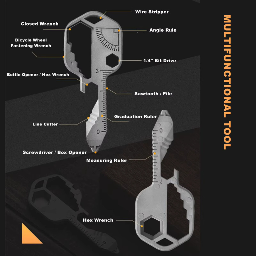 Rafford 24-in-1 Multitool Schlüsselanhänger Set in Silber, 2-teiliges Mini-EDC-Werkzeugset mit Flaschenöffner, Schraubenschlüssel, Schraubendreher und metrischem Lineal - Bild 2