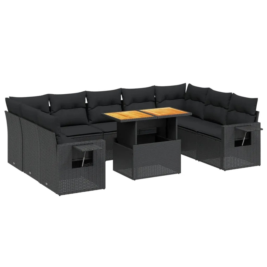 vidaXL 10-tlg. Garten-Sofagarnitur in L-Form aus Polyrattan und Akazienholz mit Kissen, Schwarz - Bild 2