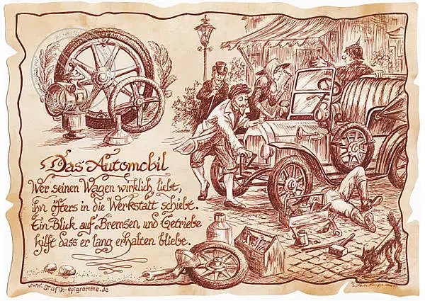 Zunftbild Automobil als Vintage Paper Poster auf Antikpapier in den Farben Braun, Schwarz und Multicolour im A4-Format