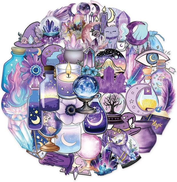 50 Stück magische Hexen-Sticker mit Kristallmond Motiv, wasserfeste DIY-Aufkleber in Multicolour für Scrapbooking, Handy und Skateboard - Bild 1