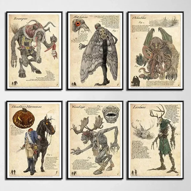 Potdemiel Leinwandgemälde Cryptods Folk Cthulhu Mothman Krampus Headless Rider Wandkunst Mehrfarbig - Bild 1