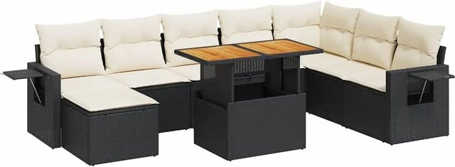 vidaXL 9-tlg. Garten-Sofagarnitur in L-Form aus Poly-Rattan und Akazienholz mit Kissen in Schwarz-Creme - Bild 1