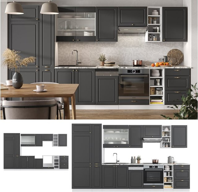 Vicco Küchenzeile Fame-Line Landhausstil in Weiß Anthrazit Gold, Breite: 355 cm - Bild 1