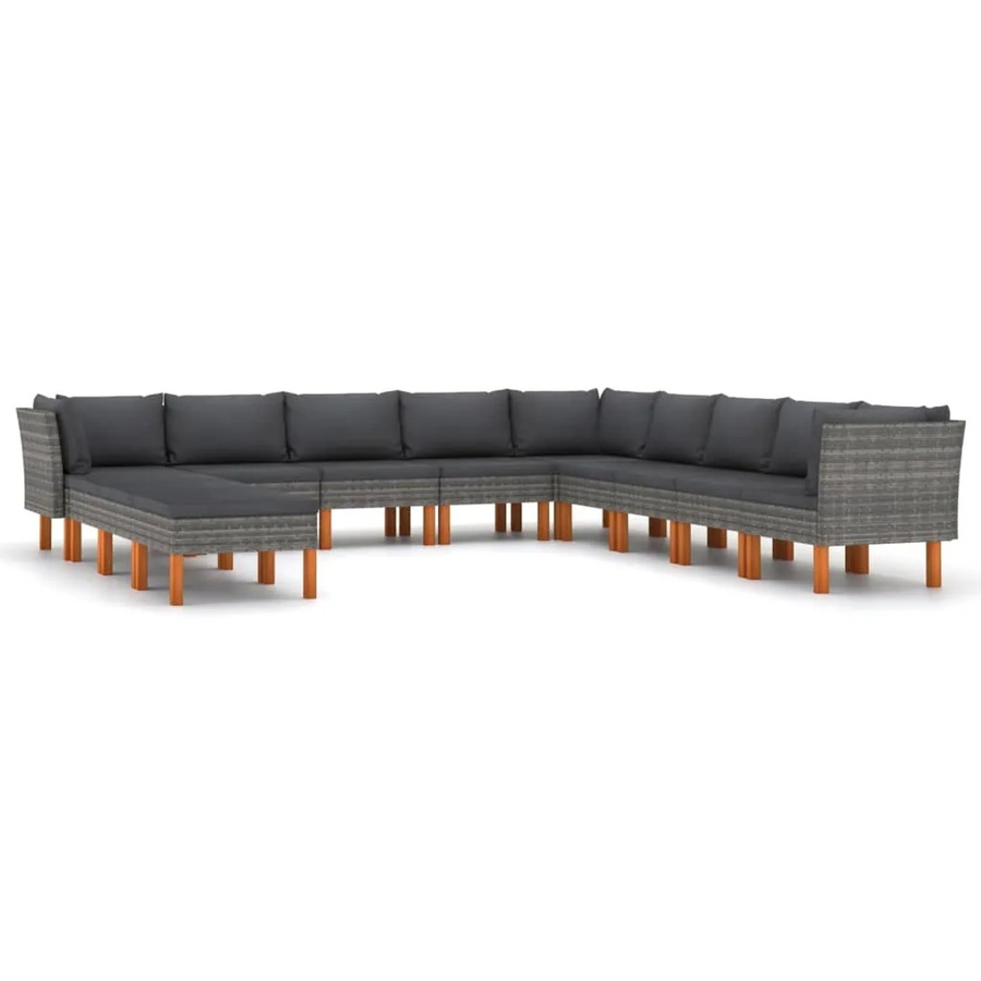 vidaXL 12-tlg Garten-Lounge-Set in L-Form aus Poly Rattan und Holz in Anthrazit mit Kissen und Ottoman - Bild 2