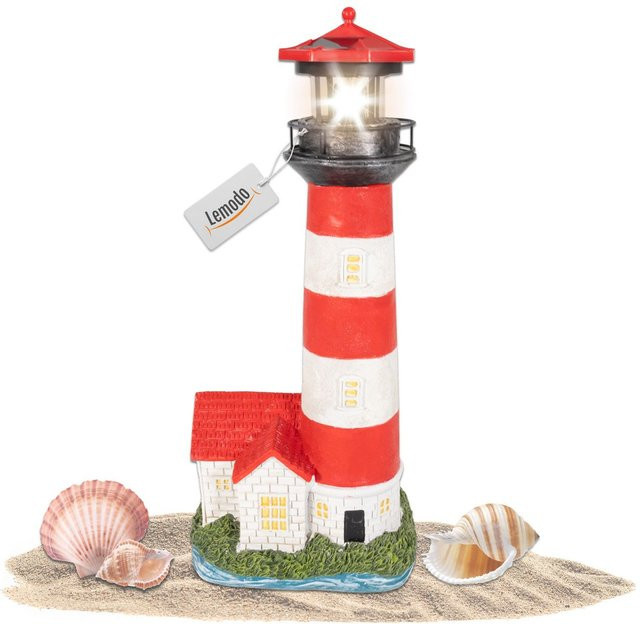 Lemodo Leuchtturm mit Solarlicht und LED-Leuchtfeuer in Rot-Weiß aus Polyresin, Höhe: 39 cm - Bild 1