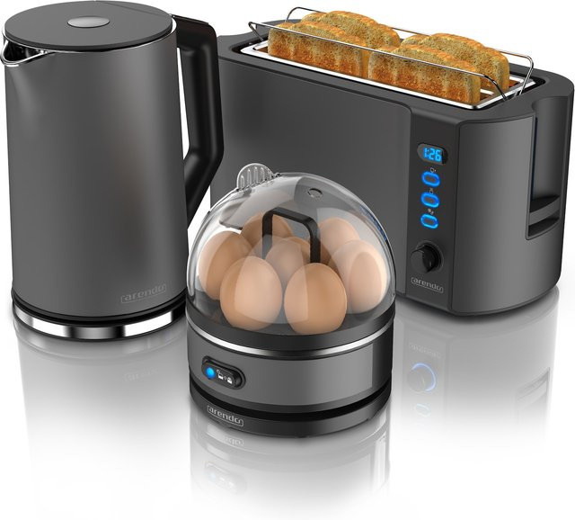 Arendo Frühstücks-Set aus Edelstahl in Grau mit Wasserkocher 1,5 l, Toaster für 4 Scheiben und Eierkocher mit LED-Touch-Display - Bild 1