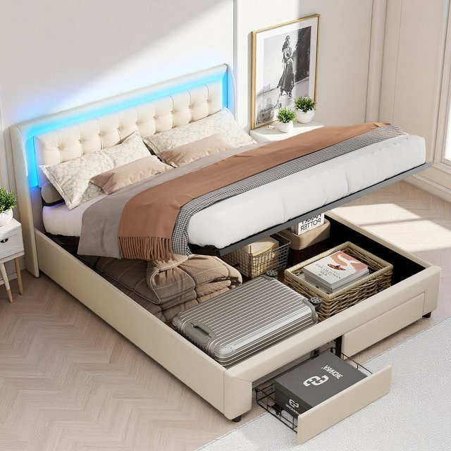 Anajqaqia Doppelbett mit Stauraum aus Samt in Beige, B/T: 160 x 200 cm - Bild 1