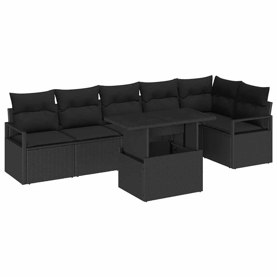 vidaXL Garten-Sofa-Set aus Poly Rattan in Schwarz mit Kissen, 7-teiliges L-Shape Lounge-Set mit Ecksofa, Mittelsofas, Armsesseln und Tisch - Bild 2