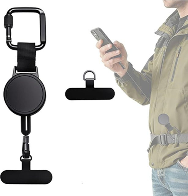 newteneight Einziehbarer Diebstahlschutz Handyhalter für iPhone 17 Air 16 15 14 13 12 Pro Max Plus mit Anti-Verlust-Lanyard in Schwarz - Bild 1