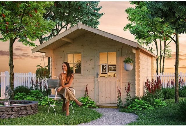 Skan Holz Gartenhaus Como in Natur und Beige mit Außenmaßen B/H/T: 340 x 256 x 200 cm - Bild 1