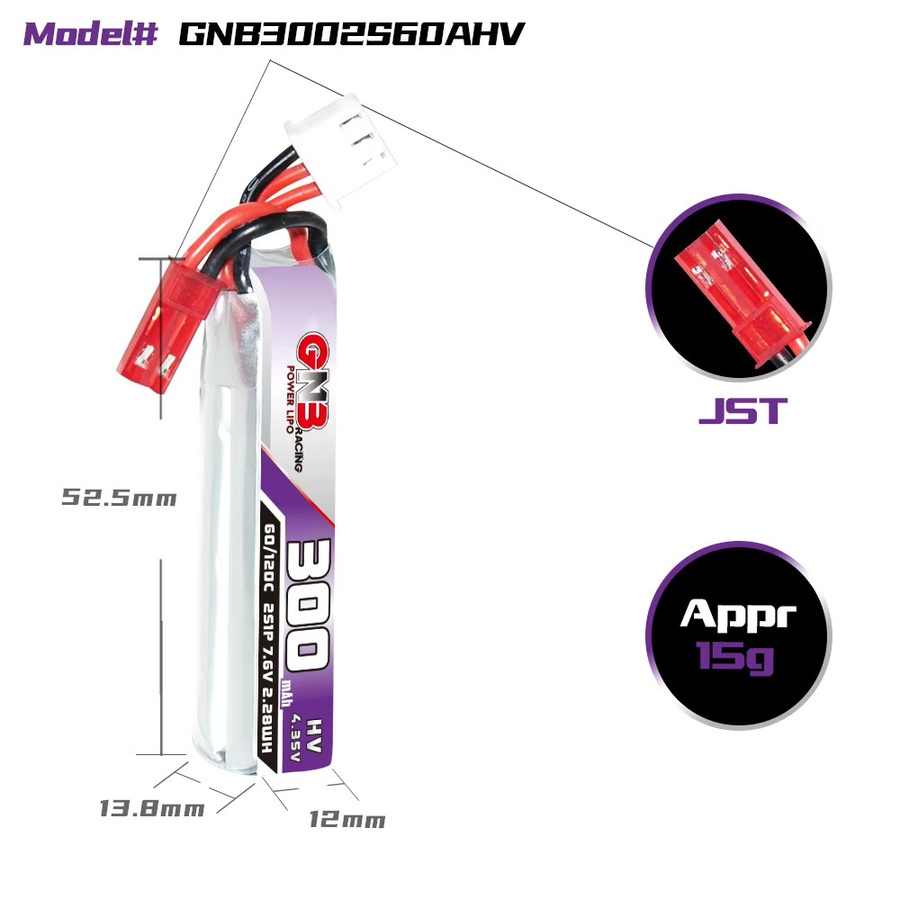 GAONENG Lipo-Akku 300 mAh 2S HV 7,6 V 60C mit JST-Stecker für FPV-Drohnen und RC-Modelle - Bild 2