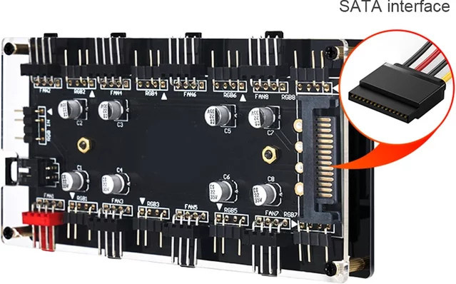 VODOOL PC Lüfter-Hub Adapter mit SATA-Stromversorgung für ARGB/RGB und PWM zur Motherboard-Synchronisation, Schwarz - Bild 1