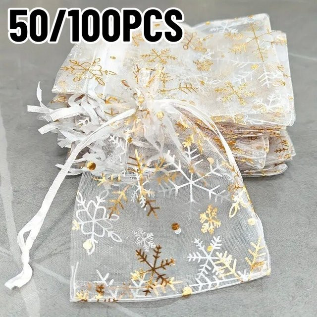 Transparente Mesh Geschenktaschen mit Schneeflocken-Design und Kordelzug für Weihnachten und Partys, 100 Stück - Bild 1