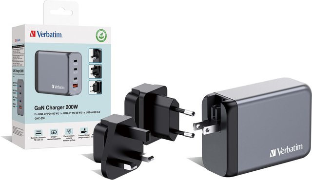 Verbatim GNC-200 GaN Universal-Ladegerät 200W mit 1x USB-A und 3x USB-C in Schwarz/Grau - Bild 1