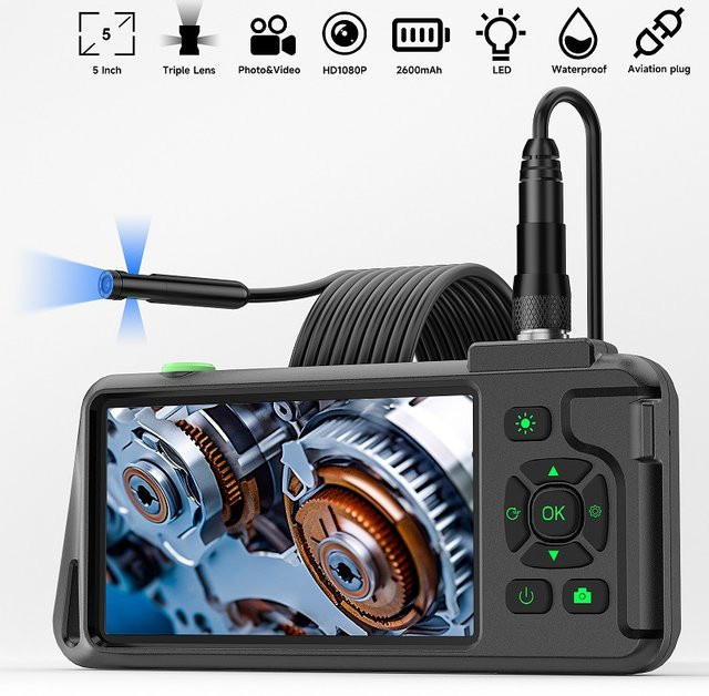 VISHRT Endoskop mit 5 Zoll IPS-Bildschirm, HD1080P Autofokus-Kamera, Einzel-, Doppel- oder Dreifach-Objektiv, wasserdichte Boreskop-Sonde mit LED-Beleuchtung in Schwarz - Bild 1