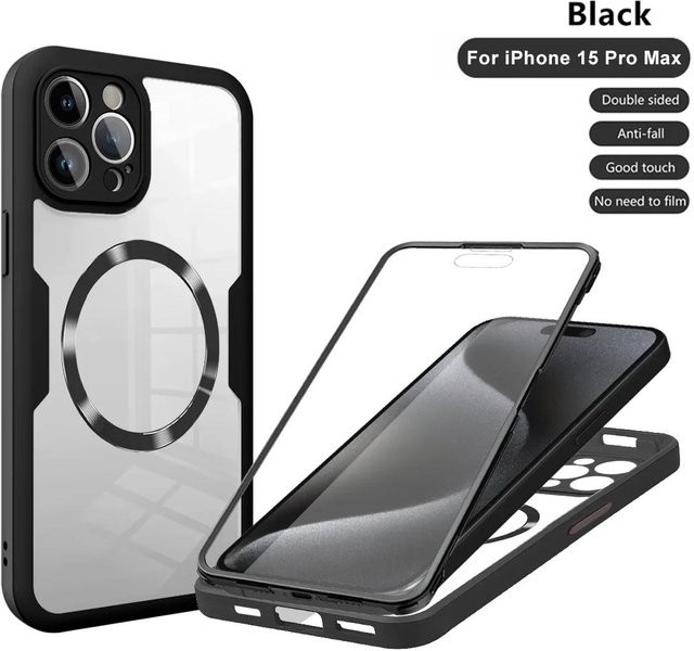 Magnetische 360 Grad Vollkörper Schutzhülle für iPhone 16 15 14 13 12 11 Pro Max mit MagSafe Kompatibilität, Stoßfeste Silikon Bumper Abdeckung, Transparent - Bild 1