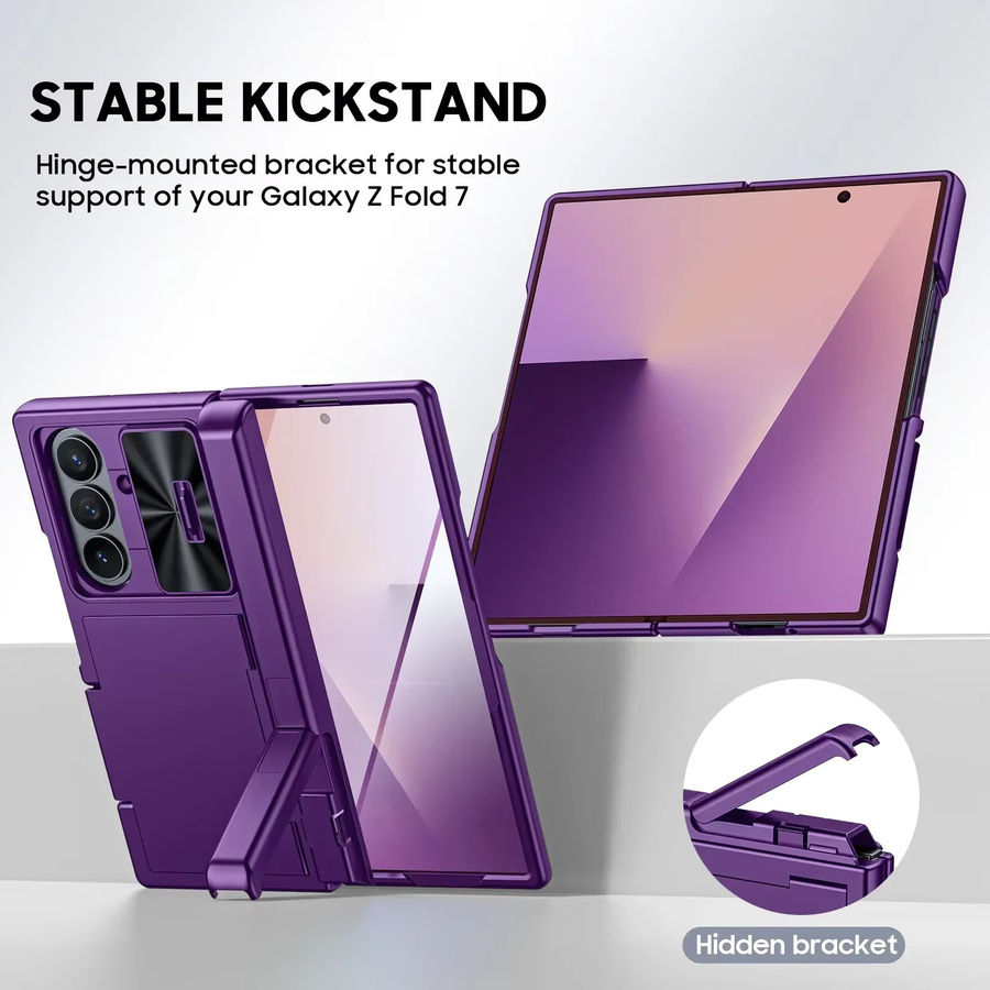 BANGZAO Handyhülle für Samsung Galaxy Fold 7 mit RFID-Kartenhalter, verstecktem Ständer und Kameraabdeckung, stoßfeste Silikon-Wallet-Hülle in Lila - Bild 5