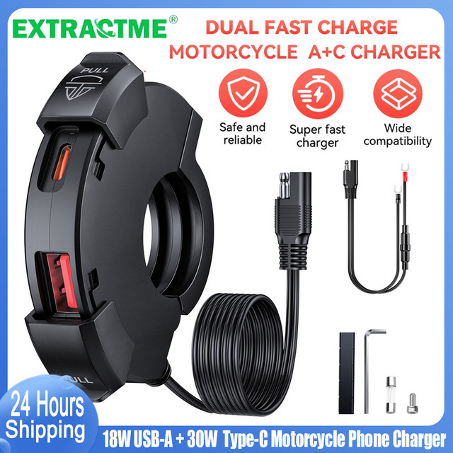 Extractme QC3.0 Motorrad USB-Schnellladegerät mit 30W Typ-C Anschluss, Wasserdichte Steckdose in Schwarz - Bild 1