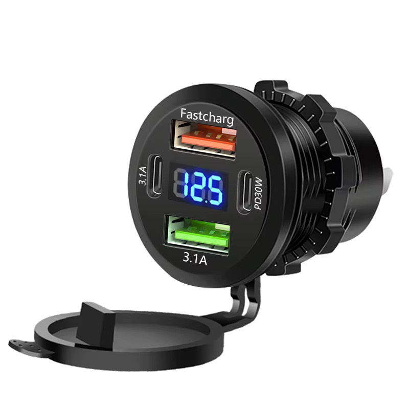 48W USB-Ladegerät mit vier Ports, PD und QC3.0, Digital-Display, Schwarz, für Auto, Wohnmobil, SUV und Boote - Bild 4
