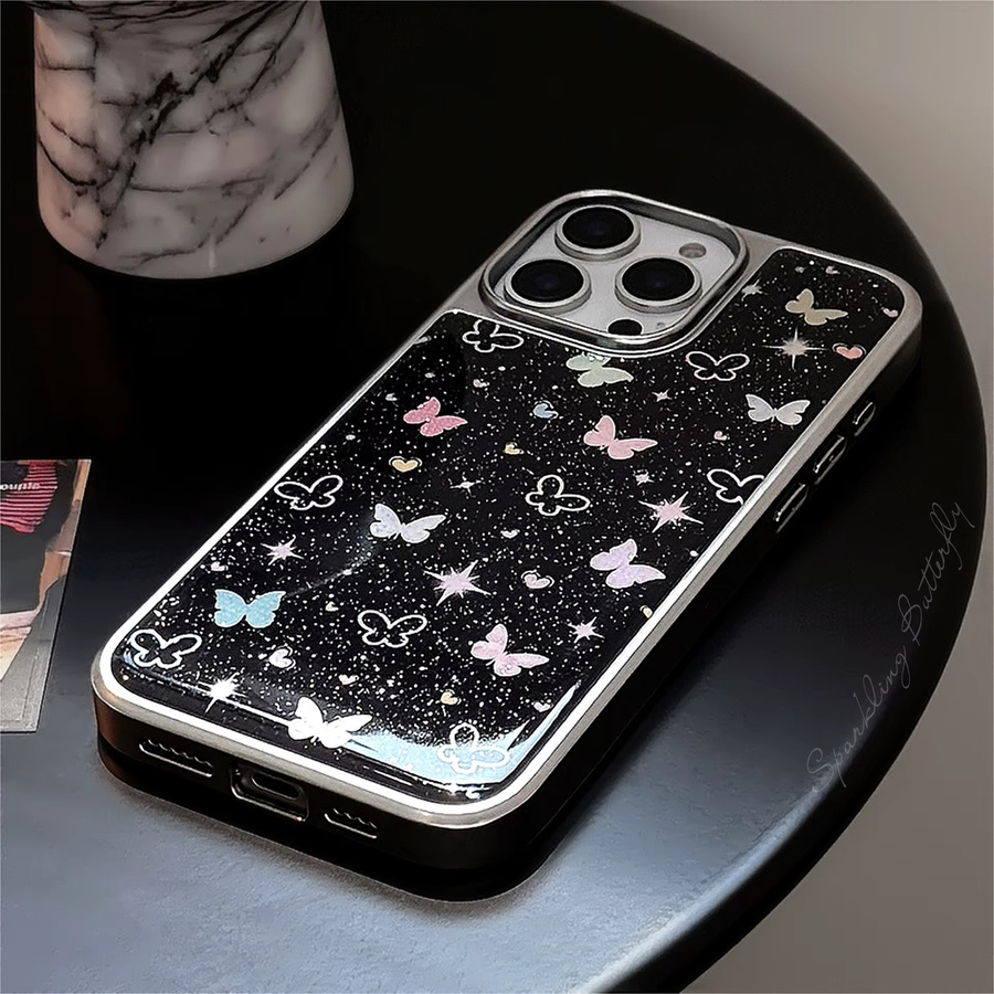 MUQGEW Schmetterlings Handyhülle mit Glitzer und silberner Randbeschichtung für iPhone 12 bis iPhone 17 Pro Max, stoßfeste Hartschale, Multicolor/Silber - Bild 3