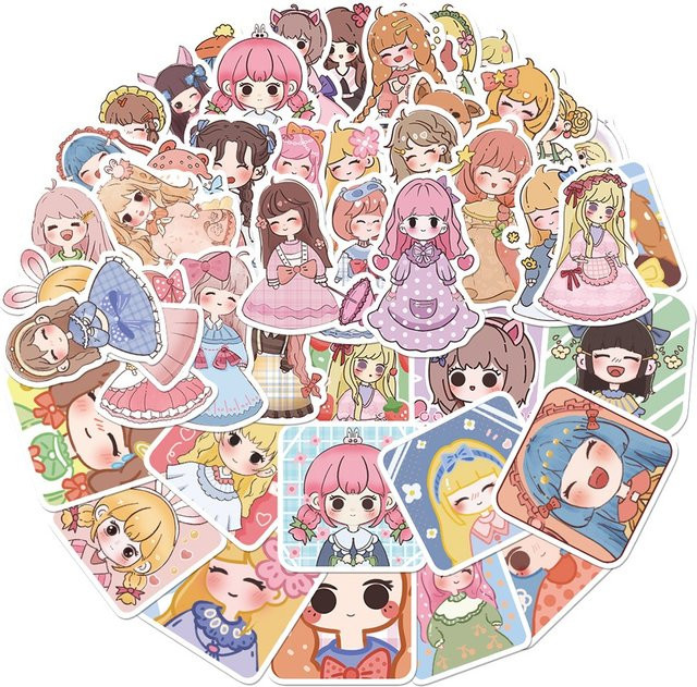 50 Stück Handgezeichnete Cartoon Aufkleber mit süßen Mädchen Motiven in Multicolour für Gepäck, Telefonhüllen und Laptops von BulingBulingStickers Shop - Bild 1