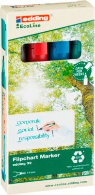 Edding 32 EcoLine Flipchartmarker Set, nachfüllbar, 4er Pack mit Keilspitze in Schwarz, Rot, Blau und Grün - Bild 2