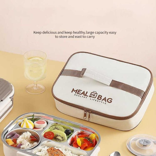 Isolierte Lunchbox Aufbewahrungstasche aus Oxford-Stoff mit Aluminiumfolie in Beige - Bild 1