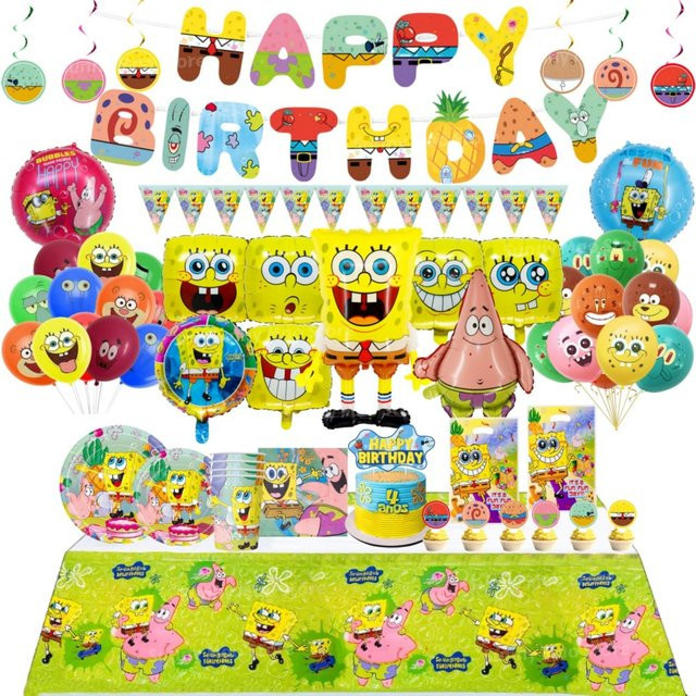 Hasbro SpongeBob Geburtstagsparty-Dekorationsset für Kinder in Multicolor mit Aluminiumfolienballons, Einweg-Tischgeschirr, Banner und Hintergrund - Bild 1