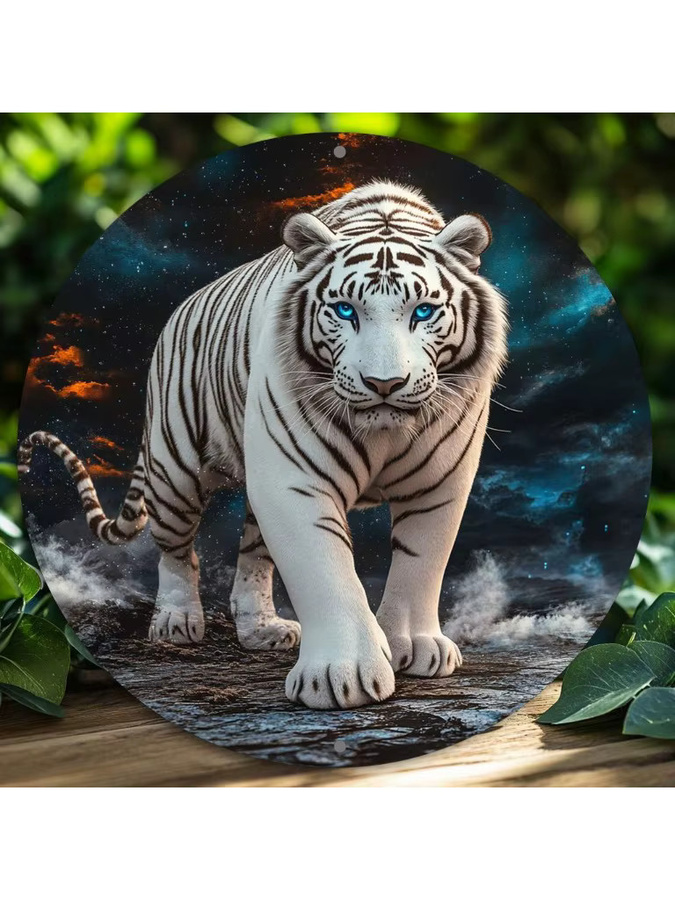Potdemiel Wandkunstschild Weißes Tiger aus Aluminium in runder Form im klassischen Stil - Bild 6