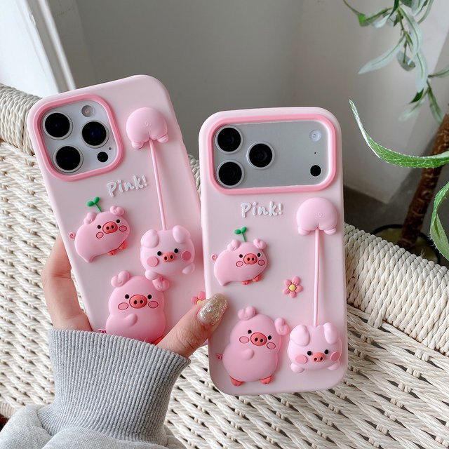 Rosa 3D Schweinchen Silikon-Handyhülle mit Anhänger für Apple iPhone 13 14 15 16 17 Pro Max - Bild 1
