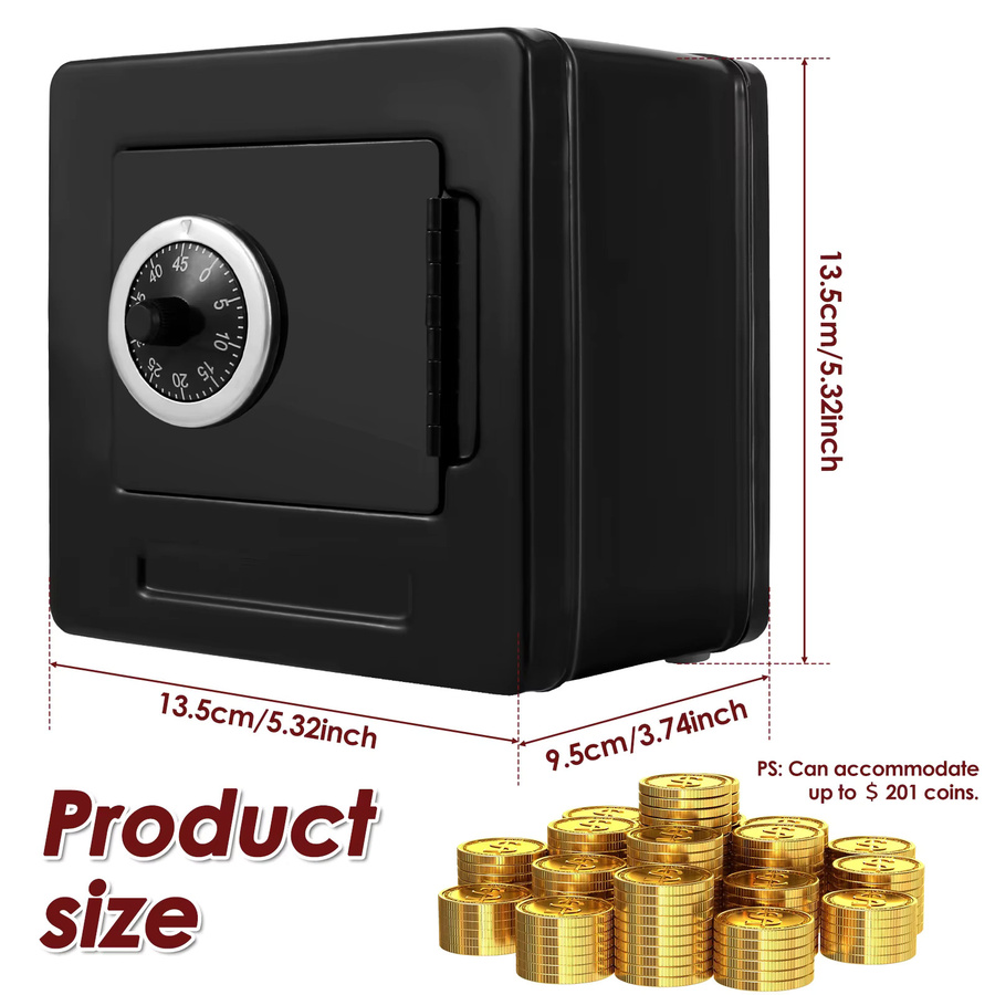 Sichere Metall-Spardose mit Zahlenschloss für Bargeld und Münzen in Schwarz, B/T/H: 13,5 x 13,5 x 13,5 cm - Bild 6