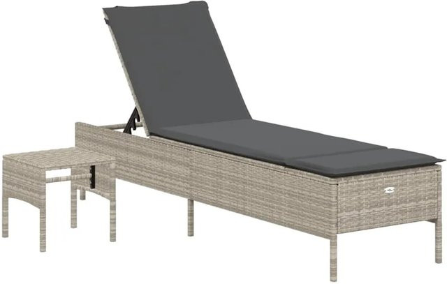 vidaXL Sonnenliege mit Tisch und Auflage in Hellgrau aus Poly Rattan und wetterfestem Stoff - Bild 1