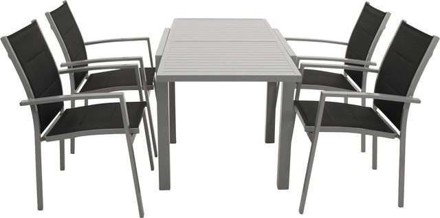 DEGAMO Gartenmöbel Garnitur TIRANA 5-teilig aus Aluminium in Silbergrau mit schwarzem Kunstgewebe und ausziehbarem Tisch - Bild 1