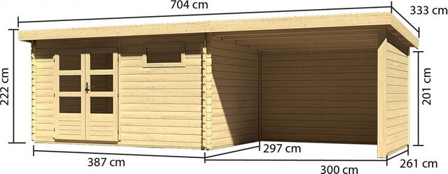 Gartenhaus Holz BASTRUP 8 Blockbohlenhaus Naturbelassen mit Anbaudach B/T/H: 387 x 297 cm - Bild 1