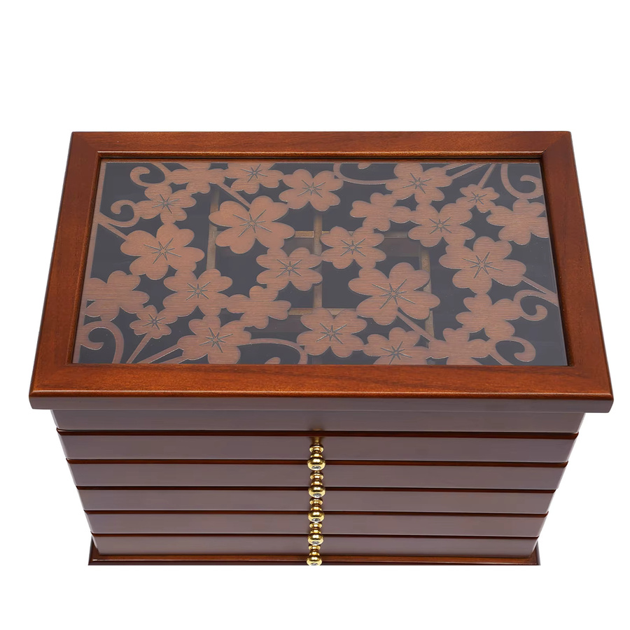 Bymaocar Schmuckschatulle aus Holz in Braun mit 6 Stufen als multifunktionaler Schmuck-Organizer für Ringe und Ohrringe - Bild 4