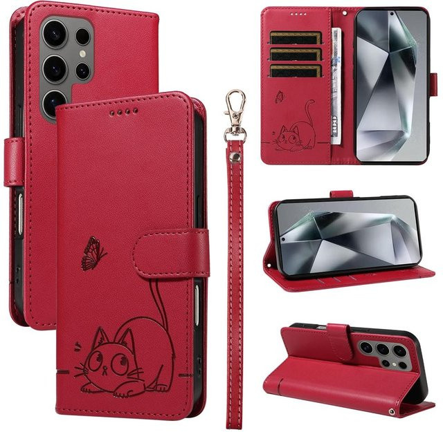 Magnetische Leder-Klapphülle für Samsung Galaxy S25 S24 S23 S22 S21 S20 Plus Ultra FE mit geprägtem Katze und Schmetterling Design in Rot - Bild 1