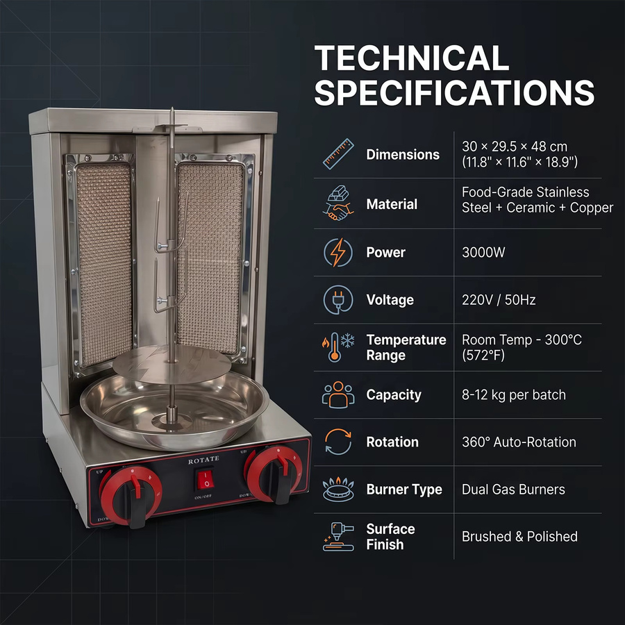 Podofo LPG Gas-Vertikalgrill mit 2 Infrarot-Brennern und 360-Grad-Drehfunktion aus Edelstahl in Silber - Bild 5