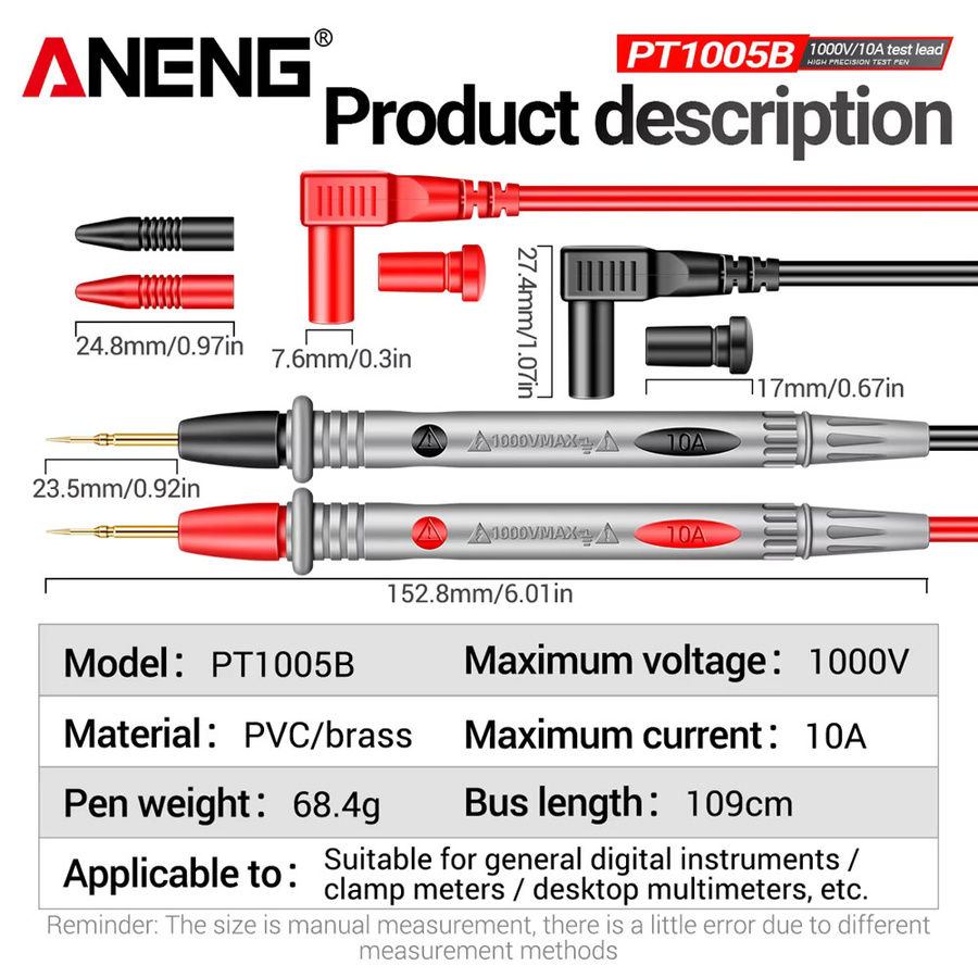 ANENG 3er-Set Universal-Nadelmessleitungen für Digitalmultimeter PT1005B, 1000V 10A, Farbe: Rot - Bild 3