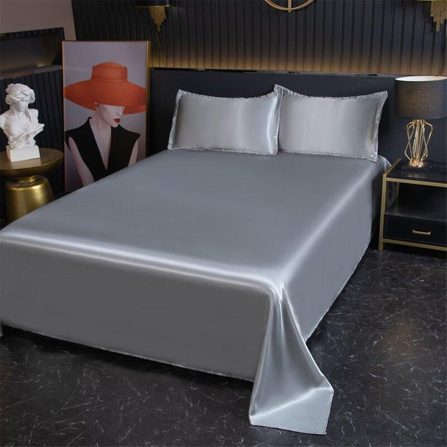 DWCC Shukun Bettwäsche Set aus Satin-Eisseide in Grau, Sommer-Bettwäsche mit Laken und Kissenbezügen, B/L: 230 x 250 cm - Bild 1