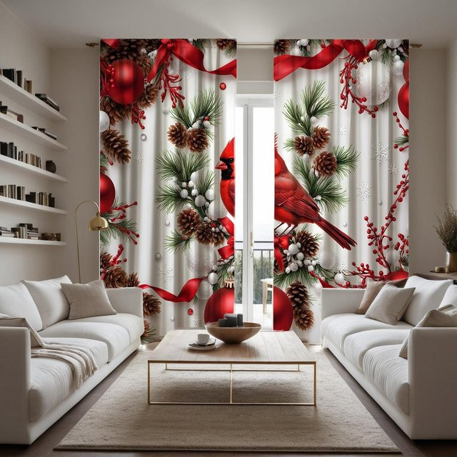 2er-Set Weihnachts Vorhänge mit digitalem Druck Motiv Rote Vögel und Zweige in Weiß und Rot B: 132 cm, H: 160 cm - Bild 1