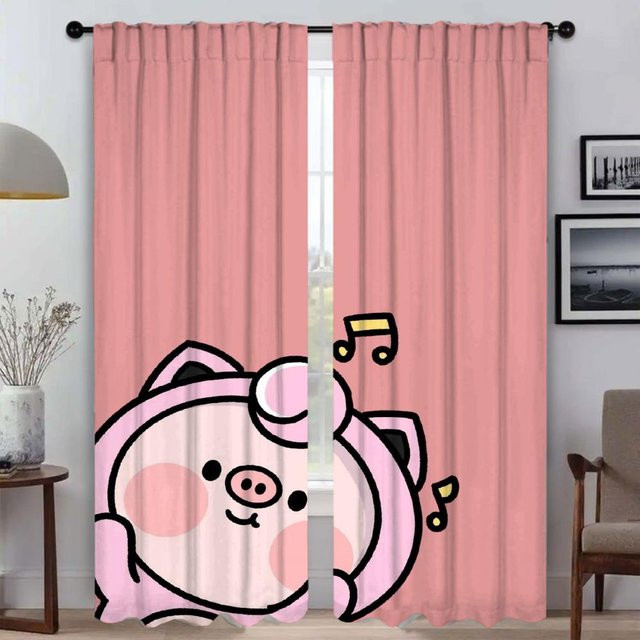 Rosa Schweinchen Tüllvorhänge für Wohnzimmer und Schlafzimmer, 2er-Set, Breite: 50 cm, Höhe: 70 cm - Bild 1