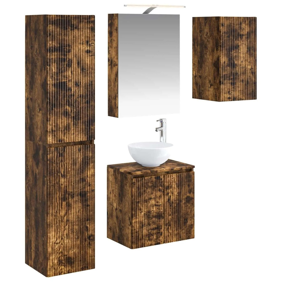 vidaXL Badezimmerschrank-Set 5-teilig in Geräucherte Eiche, modern mit LED-Beleuchtung und Spiegelschrank, B/T/H: 50 x 14,5 x 70 cm - Bild 2
