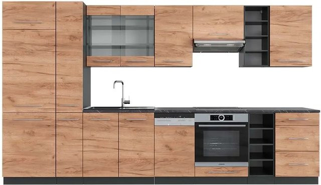Vicco Fame-Line Küchenzeile Goldkraft Eiche/Anthrazit, Breite: 355 cm - Bild 1