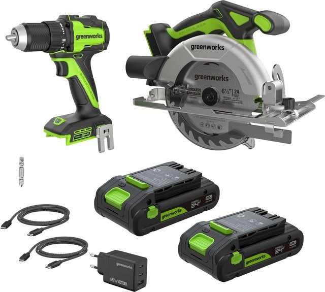 Greenworks Akku-Bohrschrauber und Akku-Kreissäge-Set CK322A1 Schwarz-Grün 24 V mit Akku - Bild 1