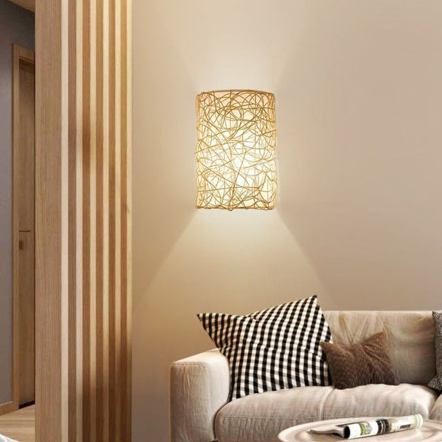 JOYINLED Vintage Wandleuchte aus Rattan und Metall in Braun, dimmbare E27 Zylinder-Wandlampe für Flur und Balkon - Bild 1