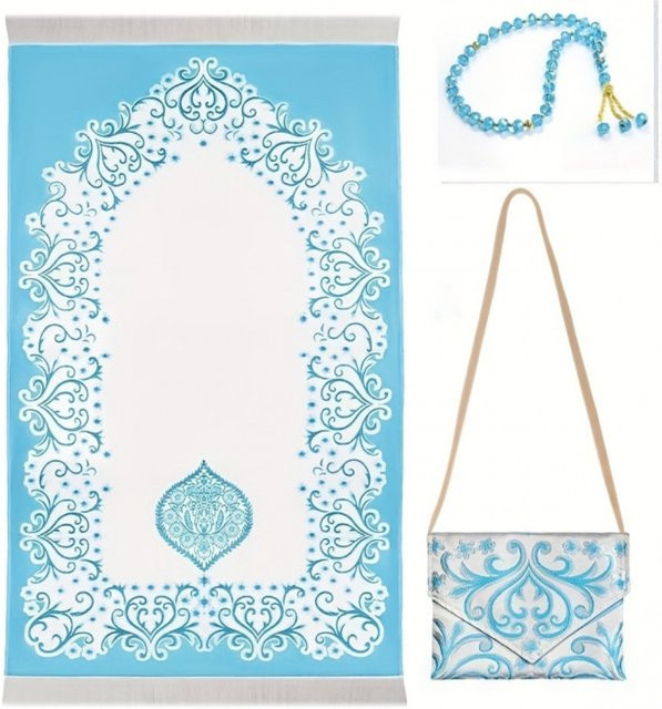 VIKAMA Ramadan-Gebetsteppich in Türkis, faltbarer und leichter Reise-Gebetsteppich im orientalischen Design für Pilgeraktivitäten - Bild 1