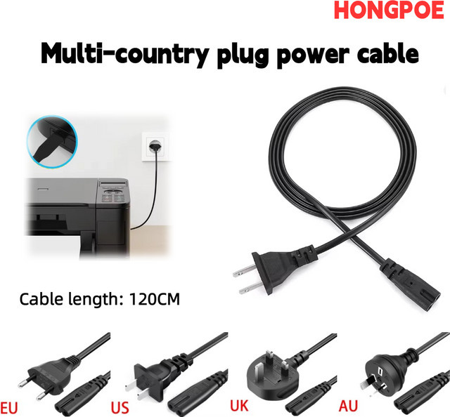 HONGPOE Netzkabel mit 2-Pin-Stecker in Schwarz, 1,2 m Länge für Fernseher, Drucker und Laptops - Bild 1