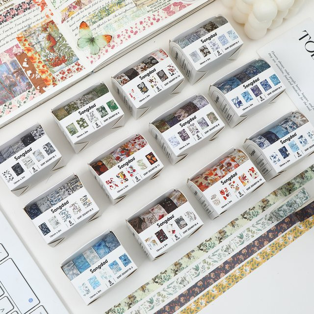 2 Schachteln Vintage-Washi-Tape in Multicolour mit Wintermotiven, Pflanzen- und Blumenmustern für Scrapbooking und Collagen-Dekoration - Bild 1