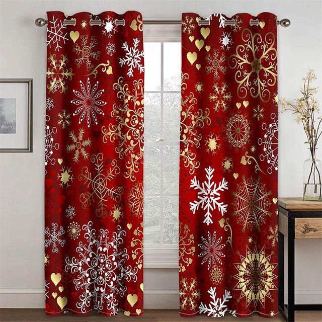 Yiran Furniture Weihnachtsmann Fenstergardinen Set aus Polyester in Rot mit Schneemotiv, 2 Stück, B: 140 cm, H: 160 cm - Bild 1